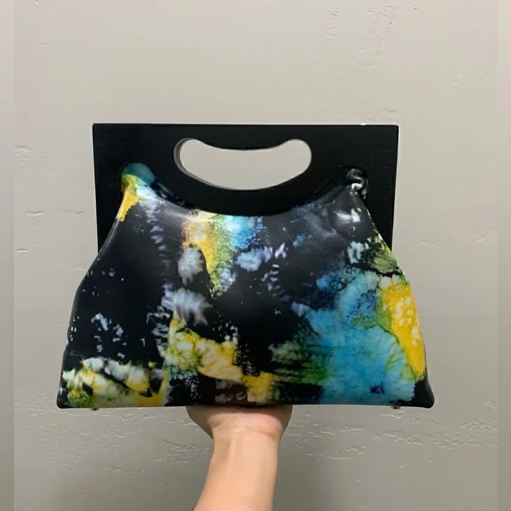 Unique Cowhide Leather Tie-dye Print Handmade Wooden Frame Top Handle Bag